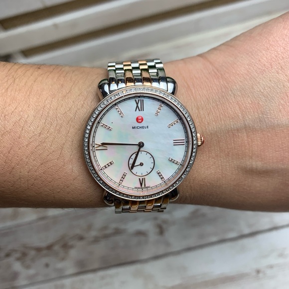 Michele | Two-tone Gracile Mother of Pearl Diamond Watch - Picture 1 of 8